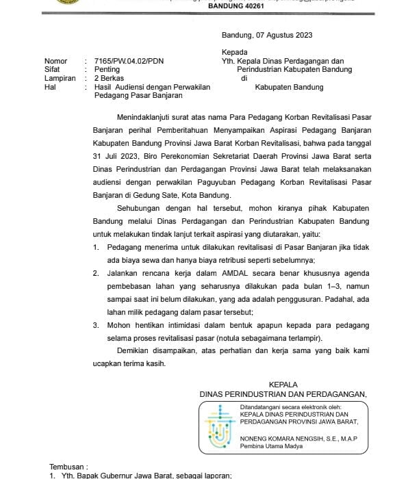 Surat Tembusan Dari Disperindag Provinsi Jabar, Di duga Tidak Di Indahkan Oleh Pemda Kabupaten Bandung